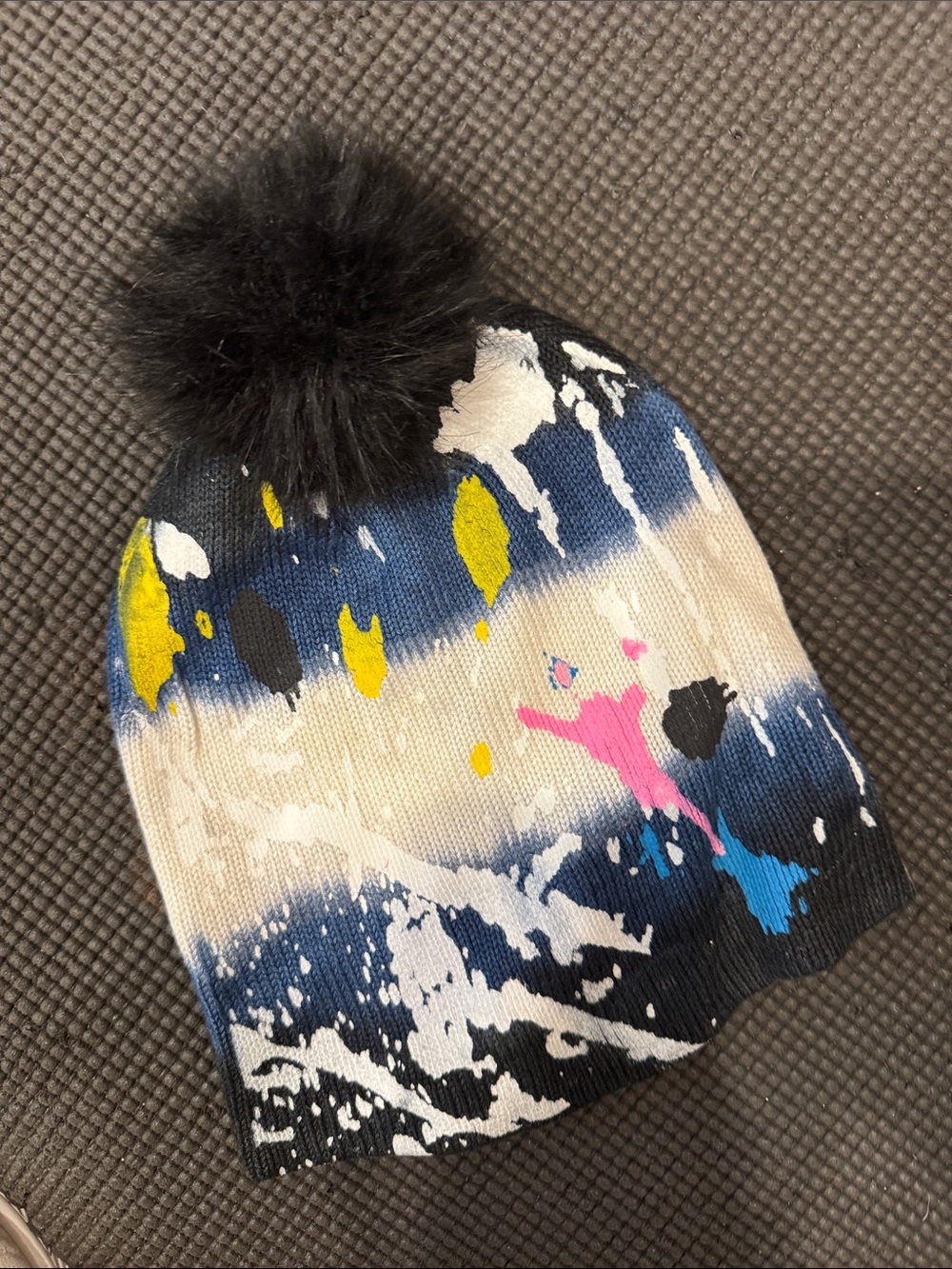Flowers by Zoe Kids Black Pom Beanie with Navy, Pink & Yellow Splatter